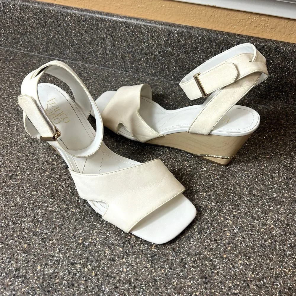 Franco Sarto White Leather Wedge Sandals Women's Size 10 M Open Toe Ankle Straps